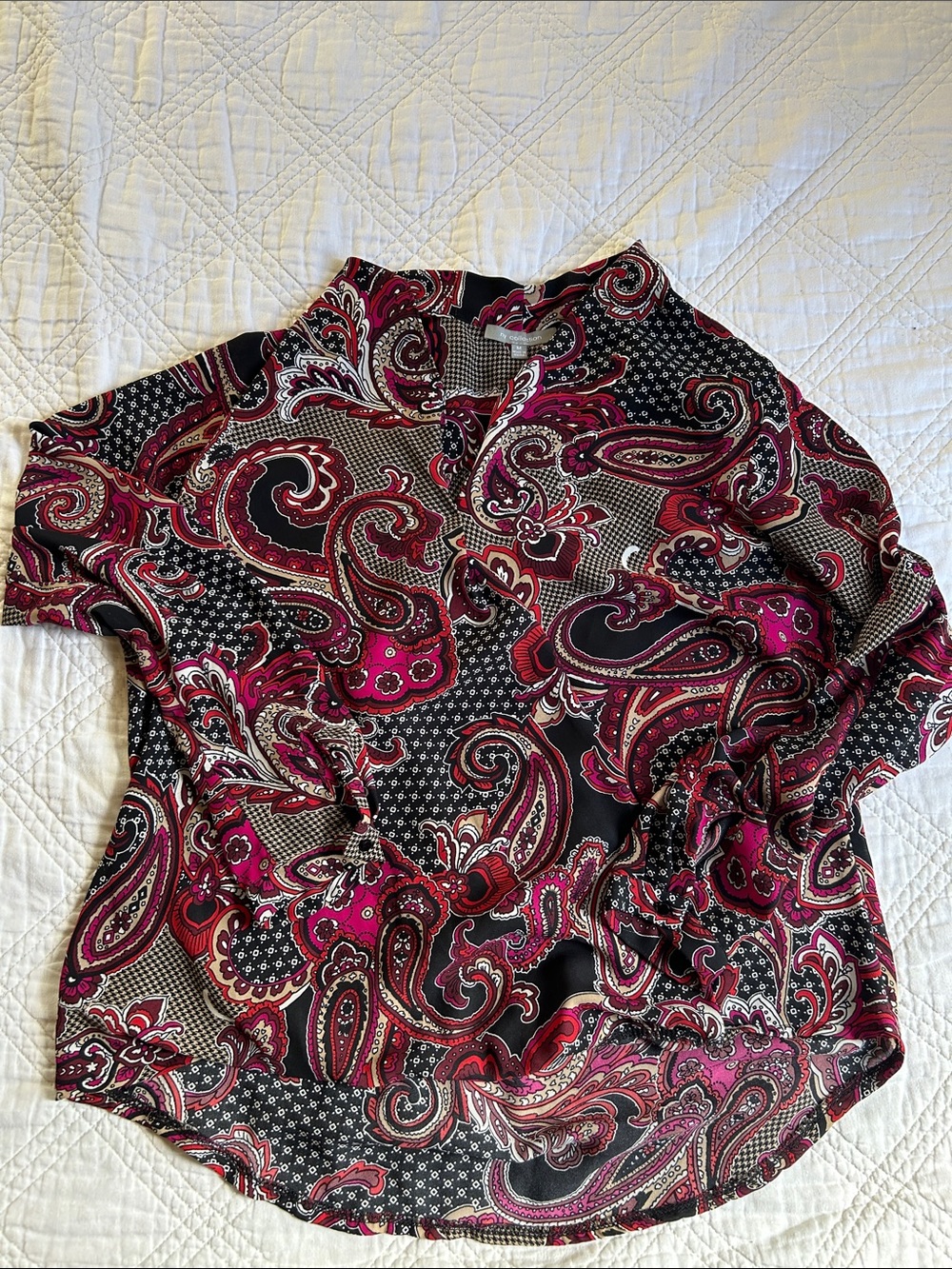 NY Collection Black and Pink Paisley Button-Front Blouse
